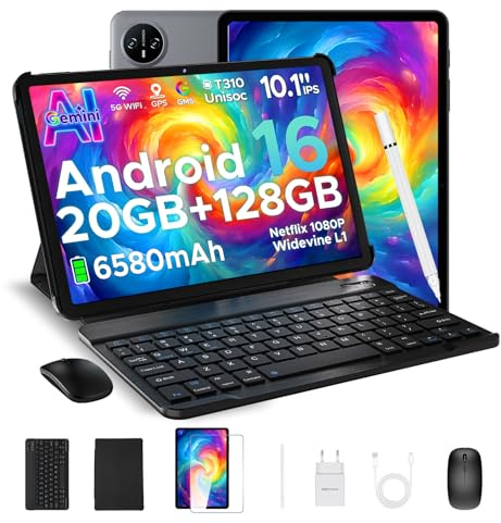Tab A9 Pro Android 16 Tablet 10 Zoll 128GB ROM + 20GB RAM (2TB TF) Unisoc T310 6580mAh 8MP + 5MP Tablet mit Tastatur, Stift, Gemini AI/Schutzfolie/Face ID/ 5G WiFi/ 3,5mm Kopfhörerbuchse