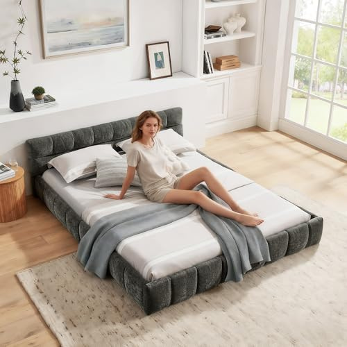 Yihomfy Polsterbett 160x200 cm mit Kopfteil, Doppelbett aus Eukalyptusholz & Eisenrahmen, Chenille, Ieicht zu Montieren, Grau, Bed Frame für Jugendliche & Erwachsene (ohne Matratze)