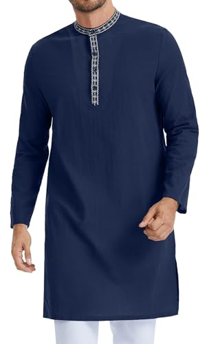 LVCBL Mens Kaftan Thobe Linen Long Sleeve Kurta Islamic Gown Abaya Kaftan Robe M-3XL
