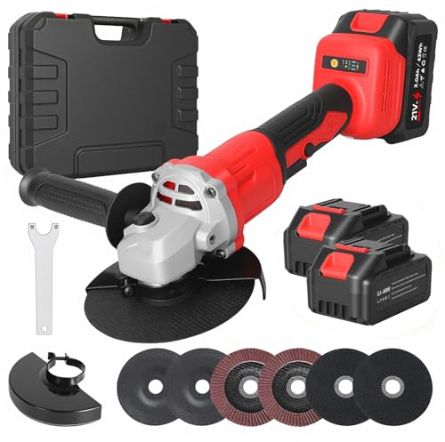 Cordless Angle Grinder, 12000 RPM Brushless Angle Grinder with 2×3.0Ah Batteries, 6 Cutting Wheels, 125mm Professional Electric Power Tools for Cutting & Grinding