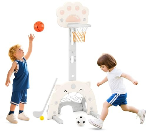 HOMASIS 3 en 1 Ensemble Panier de Basket Multifonctionnel pour Enfants, avec But de Football,Support Réglable en Hauteur, Aire de Jeux avec Balles et Clubs de Golf (Gris + Blanc)