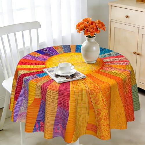 Tischdecke Rund 140 cm Wetterfest Abwaschbar - Polyester Sonnenstreifen Muster - Outdoor Tischdecke für Garten Küche Esszimmer Balkon - für 4-6 Personen - Wasserdicht & Langanhaltend