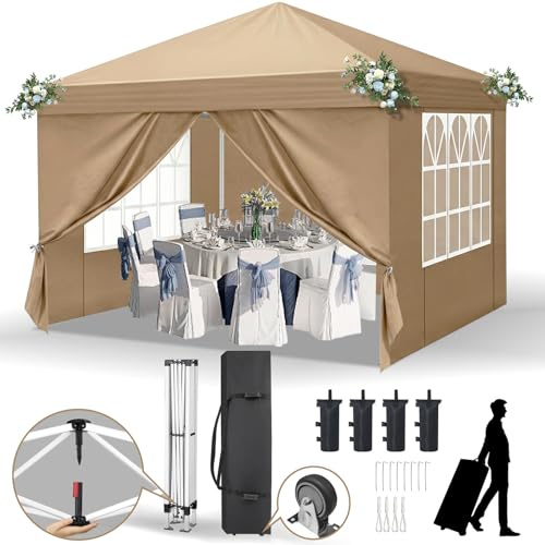 LEADZM Pavillon 3x3 m,Pop-Up Faltpavillon One-Touch,Khaki | Metallrahmen,Wasserdicht UV-Schutz 50+ Stabil, Höhenverstellbar,Gartenzelt Partyzelt mit 4 Seitenteilen für Camping,Party