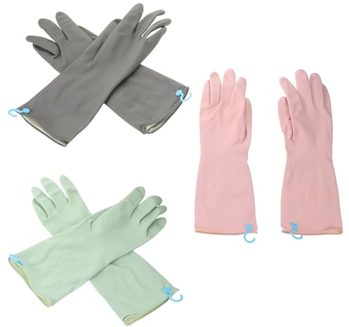 FOMIYES 3 Pairs S Size Rubber Kitchen Cleaning Gloves with Hanging Hook, Anti-slip Household Dishwashing Gloves in Mint Green, Dark Grey and Light Purple for Kitchen and Bathroom Cleaning
