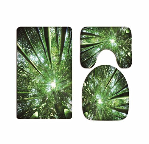 A.Monamour Badezimmer Badematte 3 Teilig Set Sonnenschein Durch Bambus Bäume Grün Wald Natur Landschaft Toilettendeckel Für Wc-Zubehör Flanell Saugfähig Badteppiche Badvorleger Badgarnitur WC Vorleger