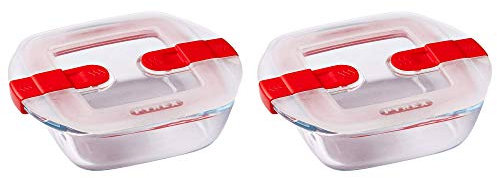 Pyrex Pirofila quadrata classica in vetro con coperchio ventilato, adatta al microonde, 0,35 l, colore rosso (confezione da 2)