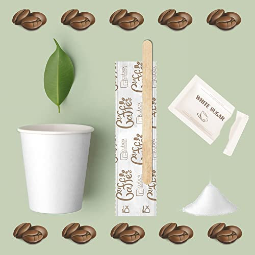 Kit d'accessoires à café composé de 150 gobelets en carton recyclables de 75 ml – 150 sachets de sucre – 150 bâtons en bois emballés individuellement de 9 cm (kit de base).