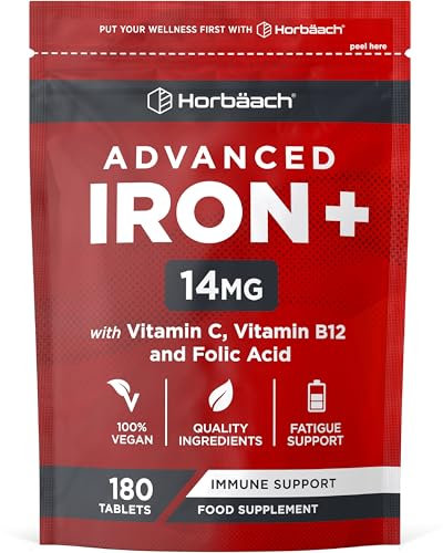 Iron Tablets Complex | High Strength Iron with Vitamin C, Folic Acid & Vitamin B12 | Supplement for Men & Women | 180 Vegan Tablets | by Horbaach