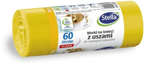 Stella 035144 Lot de 14 sacs poubelle avec poignées pour tri en métal, plastique et plastique | 60 l | 14 pièces | Sacs poubelle pour les déchets ménagers et le bureau en film granulé LDPE épais,