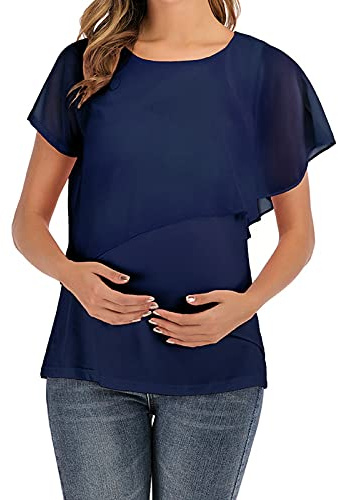 COMIOR Damen T-Shirt Umstandsmode Stilltop Stillbluse Schwanger Tops Umstands Oberteile Kurzarm Brust Rüschen Kreuz Mutterschaft Stillkleidung Umstandstops Umstandsbluse Umstandskleid Dunkelblau XXL