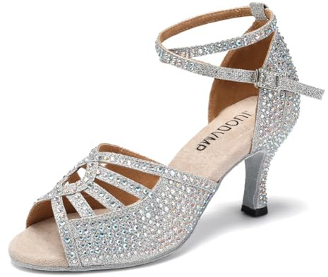 JUODVMP Zapatos de Baile Latino para Mujer Rhinestones Plateado Estándar Salsa de Salón Tango Moderno Profesional 7.5cm Tacón,40EU