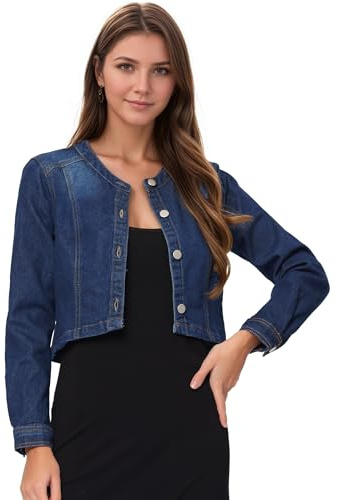 Allegra K Damen Jeansjacke Kurze Bolero Kragenlos Eleganter Knopfleiste Crop Denim Jacken Dunkelblau L