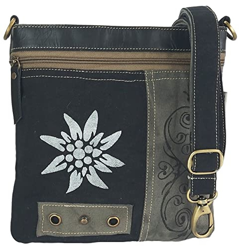 Domelo Dirndl Tasche. Canvas Umhängetasche mit Edelweiß Aufdruck. Oktoberfest Damen Accessoires. Kleine braune Trachtentasche als Geschenk