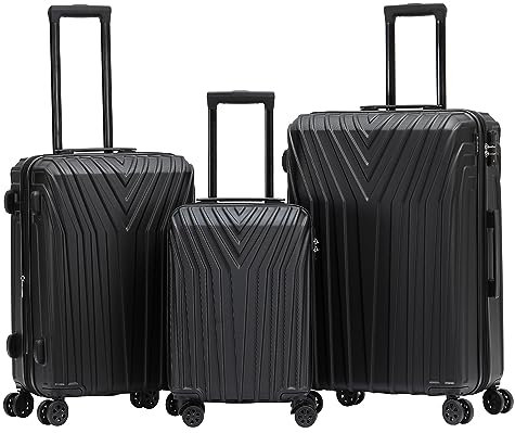 BEIBYE Kofferset Rollkoffer Koffer Hartschale,TSA Schloß, Zwillingsrollen, Erweiterung (Schwarz, Set)