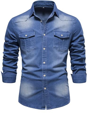 HOTIAN Camicia da uomo, in denim, a maniche lunghe, per il tempo libero, vestibilità slim fit, Blu Medio, S