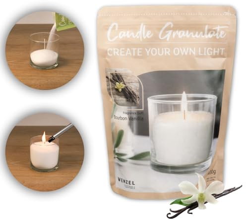 DecoLite Kerzensand 400 g mit 4 Dochten, Vanille | Wachsgranulat & Kerzengranulat zum Gläser Recyceln, DIY Bastelset für selbstgemachte Kerzen, ideal als Geschenkidee
