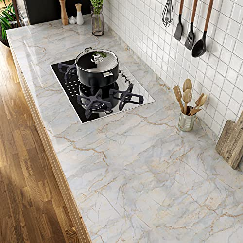 VaryPaper Marmor Folie Selbstklebend Klebefolie Marmor Glänzend 81cmx900cm Dekofolie Selbstklebend Möbelfolie Arbeitsplatte Folie Klebefolie Küche Badezimmer Wasserfest Tisch Schrankfolie