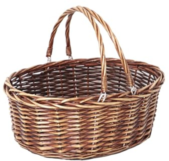 JJSQ Wicker Picnic Basket with Folding Handles Wicker Hand Woven Baskets for Storage, Garden Harvest, Easter, Empty Gift Basket, Brown, Large 17 x 13 x 7