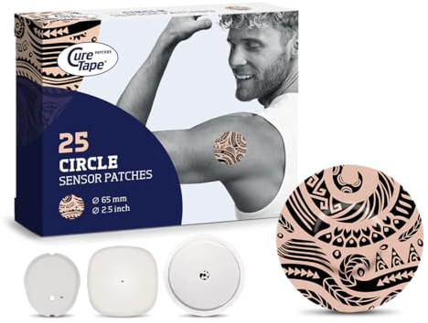 CureTape® Cerotti tondi con sensore di tatuaggio, 25 pezzi (diametro 65 mm) | CGM cerotti rotondi per Freestyle Libre 2 & 3, Dexcom G7 & Medtronic | cerotti di fissaggio impermeabili, elastici e senza