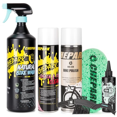 Bike Cleaning Kit - Bicycle Wash & Drivetrain Clean Essentials Kit with bike clean,Bicycle Degreaser,PTFE Lubricant,bike polish,Cleaning Brush Tool and Sponge for Mountain Road Bikes