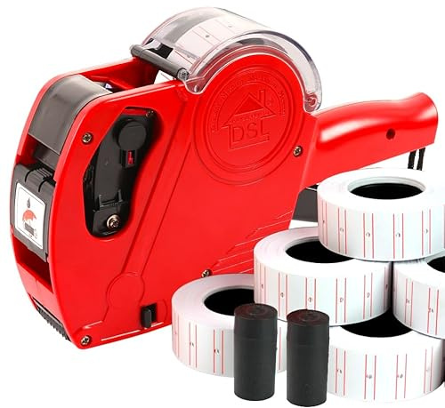 DSL MX5500 Price Gun Labeller with 10 Rolls Labels (22x12mm) & 2 Spare Ink Cartridge – Handheld Pricing Tagging Machine for Shops, Retail & Office Use (Red)