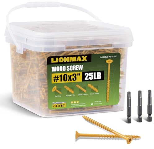 LIONMAX Deck Screws 3 Inch 25 lb Bulk, Wood Screws #10 x 3, Rust Resistant, Exterior Epoxy Coated for Outdoor Projects, Torx Drive, Coarse Thread, T25 Star Bit Included, Tan, 1700 Pieces