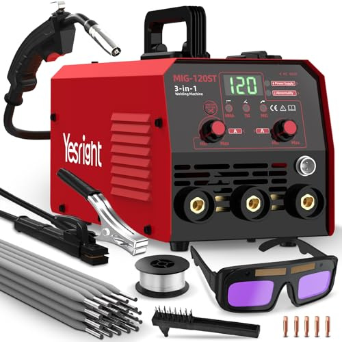 YesRight 120A Mig Welder, 3 IN 1 Gasless Flux Core MIG/Lift TIG/Stick Welder Machine with Synergy, 110V Multiprocess Welding Machine with Welding Googles Rods Wire for Beginners & Professionals