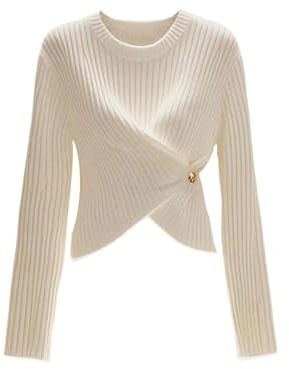 Verdusa Women's Old Money Short Sweater Wrap Slit Pullovers Fall Rib Knit Tops White X-Small