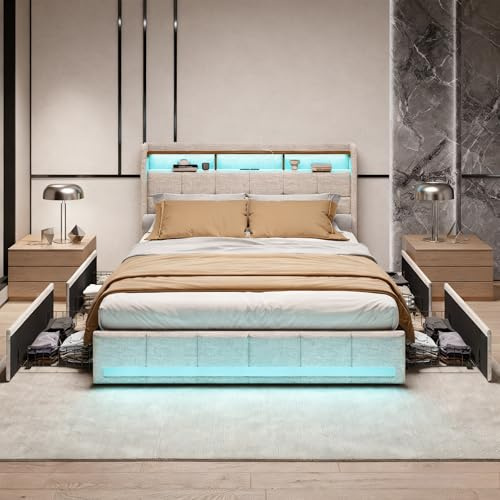 Lit 140x190 avec sommier éclairage LED et Charge USB, Lit Double rembourré avec 4 tiroirs et tête de lit de Rangement,en Lin,lit 2 Personnes pour Adultes et Adolescents (Beige, 140 x 190 cm)