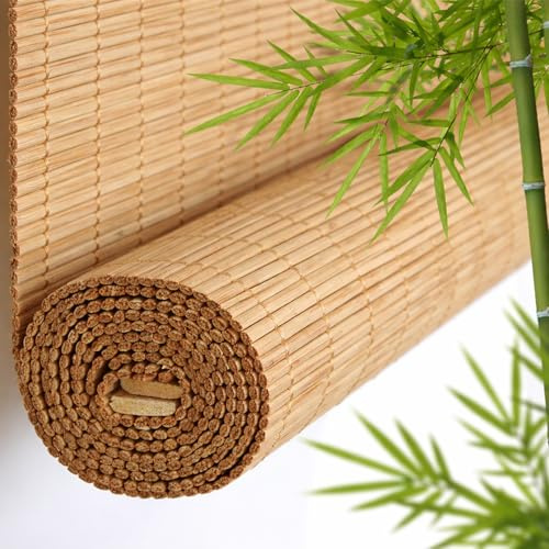 Outdoor Bamboo Blinds Roll Up Shade for Patio, Natural Bamboo Roller Blinds Privacy Screen, UV Sun Protection, Custom Size Roller Shades for Porch, Pergola, Balcony, Backyard (A)