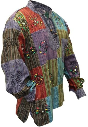SHOPOHOLIC FASHION Herren Patchwork Stonewashed Hippie Hemd, L