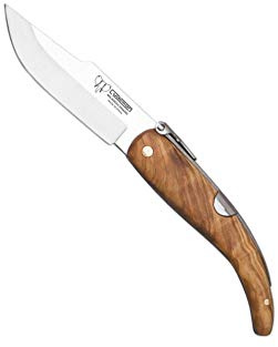 Cudeman Navaja 380-L Albaceteña clásica hecha en Albacete hoja de acero ACX-380 de 8 cm y empuñadura de madera de olivo de 10,5 cm para caza, pesca, supervivencia y bushcraft + Portabotellas