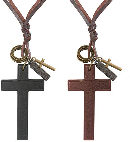 JewelryWe Schmuck Herren Leder Kette Vintage Holzkreuz Schrift Tag Ringe Kreuz Anhänger verstellbare Lange Halskette Lederkette Schwarz/Braun