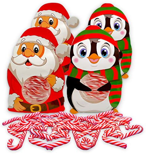 Lot de 4 paquets cadeaux de Noël avec mini cannes à sucre rouge et blanc à rayures avec goût fraise, décoration de Noël 4 x 50 g au total 40 pièces