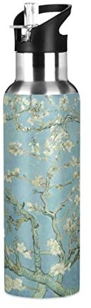 Bouteille d'eau de 591 ml avec paille Van Gogh, amande, arbre à fleurs, gourde portable en acier inoxydable pour voyage, sport, bouteille d'eau isotherme étanche
