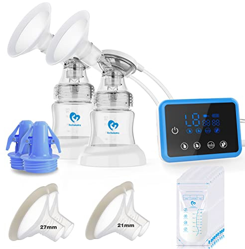 Bellababy Double tire-lait électrique avec brides de 21 mm, 24 mm, 27 mm, écran tactile, sans douleur, forte aspiration, 4 modèles, 9 niveaux de résistance (bleu)