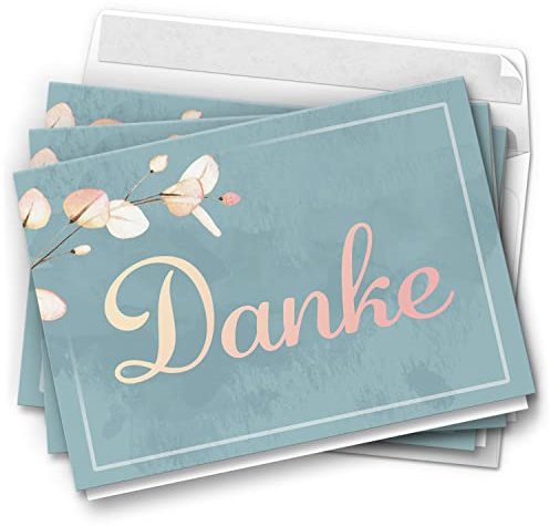10 Dankeskarten mit Umschlag - Motiv Rosa Zweige auf Blau - moderne Klappkarten Danksagungen, Danke sagen, bedanken, Dankeschön Karten