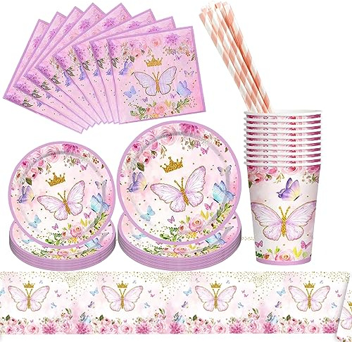 Lunriwis 101 Stück Schmetterling Partygeschirr Set, Deko Geburtstag für Mädchen, Party Geschirr und Deko Kindergeburtstag für 20 Gäste