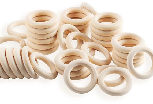 WELHAEPI Träringar för pyssel, 40 st träringar, naturliga trämakraméringar, oavslutade träringar för gör-det-själv-smycken, armband, makramé, hänge, hängande dekoration ringar – 45 mm