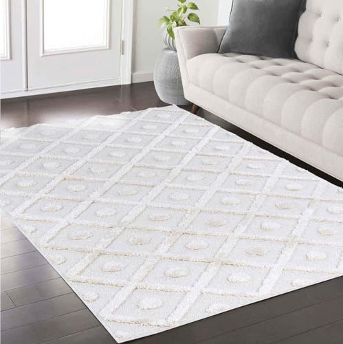 Taracarpet Teppich fürs Wohnzimmer Schlafzimmer und Kinderzimmer Skandi Boho Designerteppich hoch-tief Struktur Rauten Uni weiß 120x170 cm