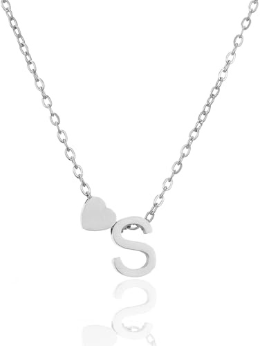 HSWYFCJY Collar para Mujer Plata Inicial S con Colgante de Corazón Inoxidable Letra Collar Cadena Ajustable Personalizado Nombre Collar Regalos para Mujeres Niñas