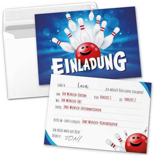 8 PERSONALISIERTE Einladungskarten Kindergeburtstag mit Umschlägen, Bowling Bowlen gehen, Karte Geburtstag Einladung selbst gestalten mit Text