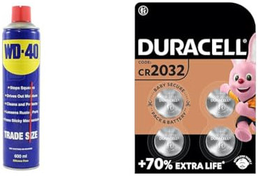 WD-40 Multi-Use Product - 600ml Can - The Ultimate Lubricant, Rust Protection, Penetrant & DURACELL 2032 Lithium Coin Batteries 3V (4 Pack) - Up to 70% Extra Life - Baby Secure Technology