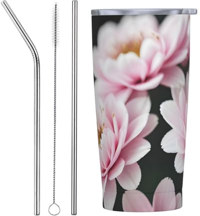 Bouteille isotherme en acier inoxydable, à double paroi, motif fleur rose, blanc, doré, 591 ml