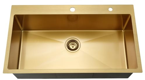 Jshozzy Gold Drop in Kitchen Sink,33 x 19 Inch Stainless Steel Single Bowl Kitchen Sink Deep 16 Gauge Brushed Gold Modern Outdoor Topmount