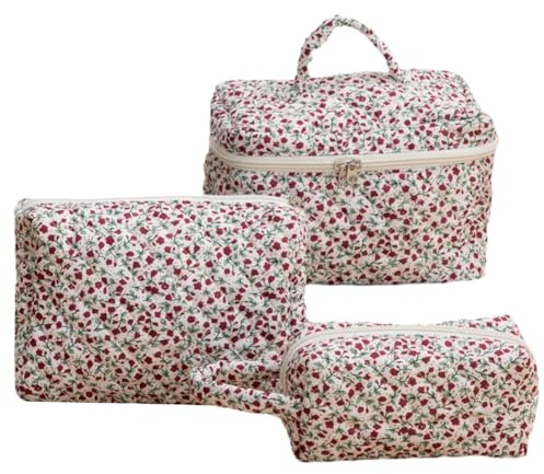 Starnearby Lot de 3 Trousse de Toilette Matelassée Femme en Coton, Trousse de Maquillage Fleurie, Pochette de Rangement Maquillage, Trousse de Beauté, Trousse Cosmétique Voyage (A-Style 16)