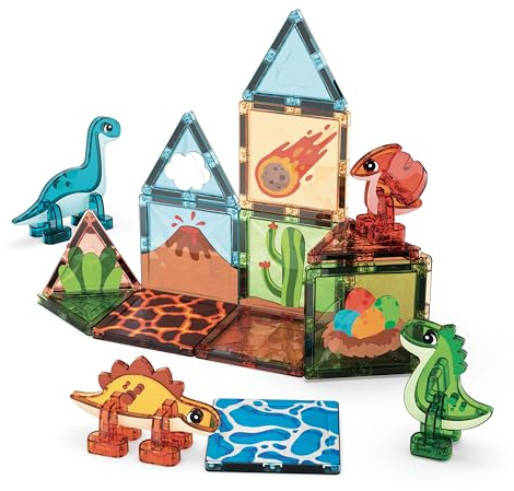Geomag Magnetic Tiles Dino World - Themen-Set, magnetische Dinosaurier, durchscheinende Paneele, 3D-Spiele