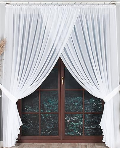 Gardinen Vorhangen Weiß 300x250 cm (BxH) Clotilda Lang Voile Gardinen mit Kräuselband und Satinpaspel Scheibengardine Wohnzimmer Küchengardinen Stores Kurzstores Schlafzimmer