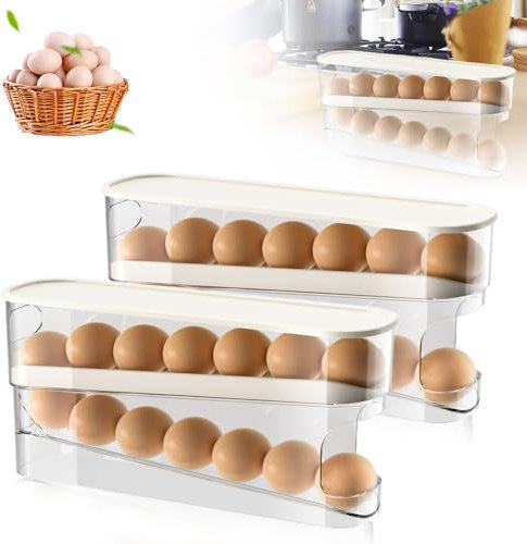 Egg Holder for Fridge, Eggs Dispenser Auto Rolling, Automatic Scrolling Egg Rack Holder, Space-Saving Egg Dispenser Auto Rolling, Large Capacity Eggs Organizer Storage (1)
