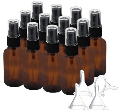 AstraLoom 12 Stück Braunglas Sprühflasche 30ml mit 4 Trichtern - UV-beständige Leerflaschen für ätherische Öle & Parfüm, feiner Nebel, nachfüllbar